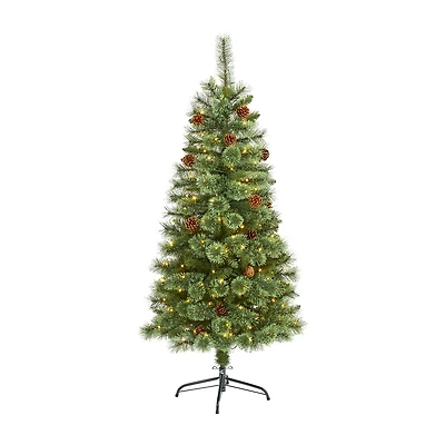 Nearly Natural White Mountain Artificial 200 Clear Led Lights And Pine Cones 5 Foot Pre-Lit Pine Christmas Tree
