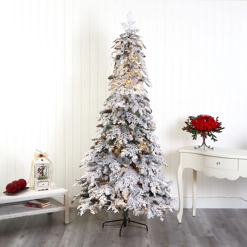 Nearly Natural 8 Foot Flocked Montana Down Swept Spruce With Pinecones And 500 Led Lights Pre-Lit Artificial Christmas Tree