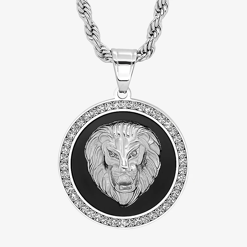 Steeltime Lion Mens Cubic Zirconia Stainless Steel Hypoallergenic 30 Inch Pendant Necklace