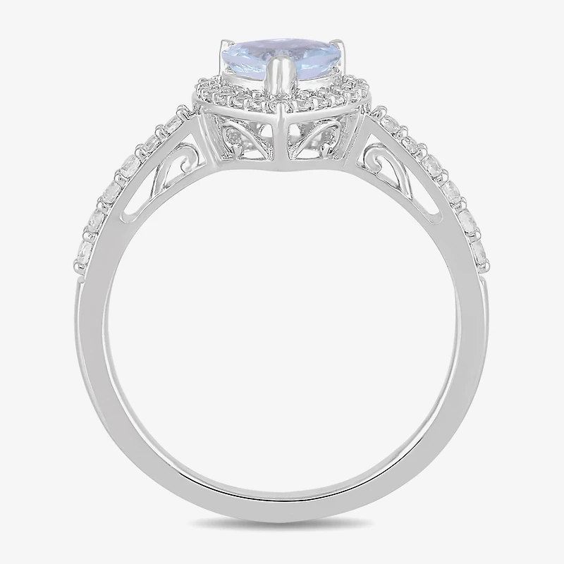 Womens Genuine Blue Aquamarine Sterling Silver Heart Halo Side Stone Cocktail Ring