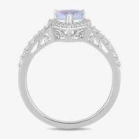 Womens Genuine Blue Aquamarine Sterling Silver Heart Halo Side Stone Cocktail Ring