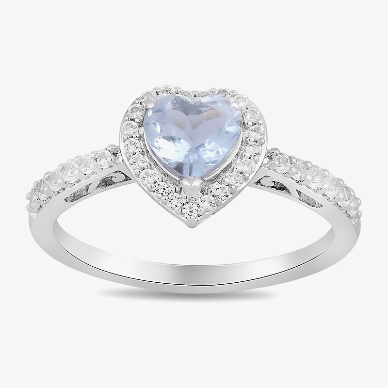 Womens Genuine Blue Aquamarine Sterling Silver Heart Halo Side Stone Cocktail Ring