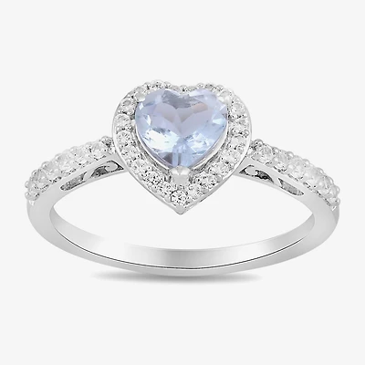 Womens Genuine Blue Aquamarine Sterling Silver Heart Halo Side Stone Cocktail Ring