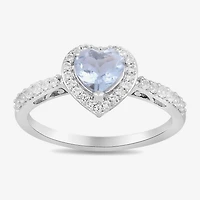 Womens Genuine Blue Aquamarine Sterling Silver Heart Halo Side Stone Cocktail Ring