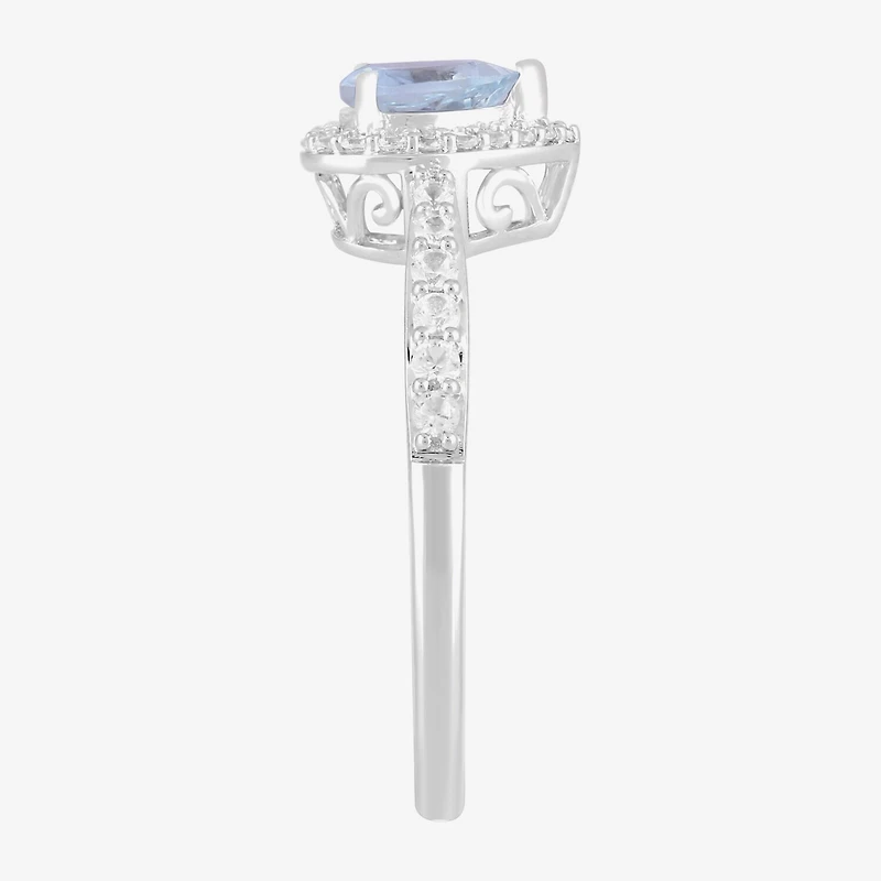Womens Genuine Blue Aquamarine Sterling Silver Heart Halo Side Stone Cocktail Ring