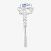 Womens Genuine Blue Aquamarine Sterling Silver Heart Halo Side Stone Cocktail Ring