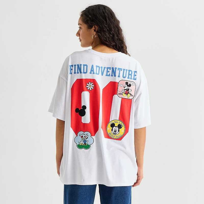 Womens Juniors Crew Neck Short Sleeve Oversized Mickey and Friends Mouse Graphic T-Shirt