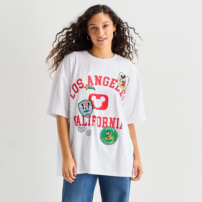 Womens Juniors Crew Neck Short Sleeve Oversized Mickey and Friends Mouse Graphic T-Shirt
