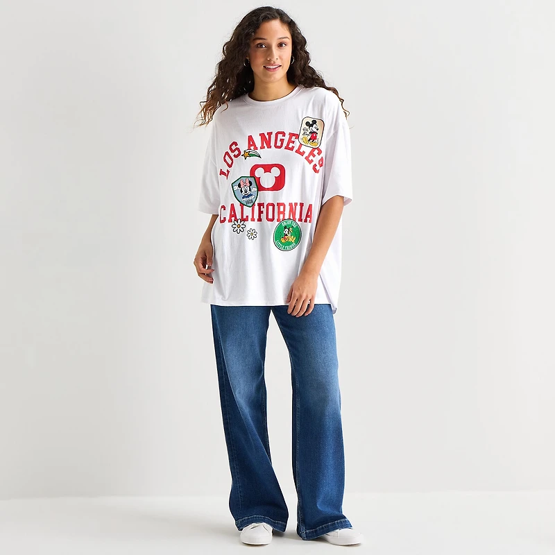 Womens Juniors Crew Neck Short Sleeve Oversized Mickey and Friends Mouse Graphic T-Shirt