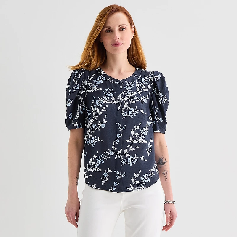 Liz Claiborne Womens Round Neck Short Sleeve Blouse
