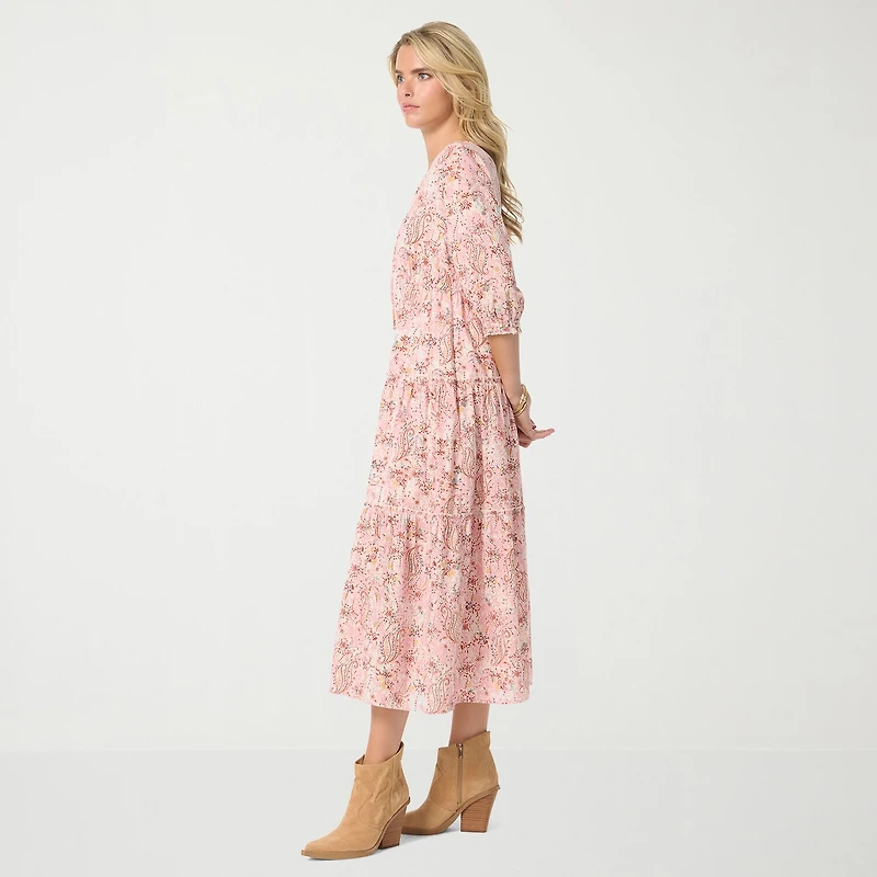 JS Jessica Simpson Womens V Neck 3/4 Sleeve Paisley A-Line Dress