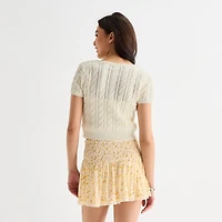 Arizona Womens Crew Neck Short Sleeve Button Juniors Cardigan