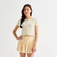 Arizona Womens Crew Neck Short Sleeve Button Juniors Cardigan