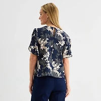 Liz Claiborne Womens Round Neck Short Sleeve Blouse