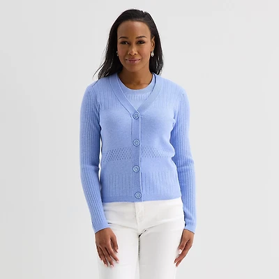 Liz Claiborne Womens V Neck Long Sleeve Button Cardigan