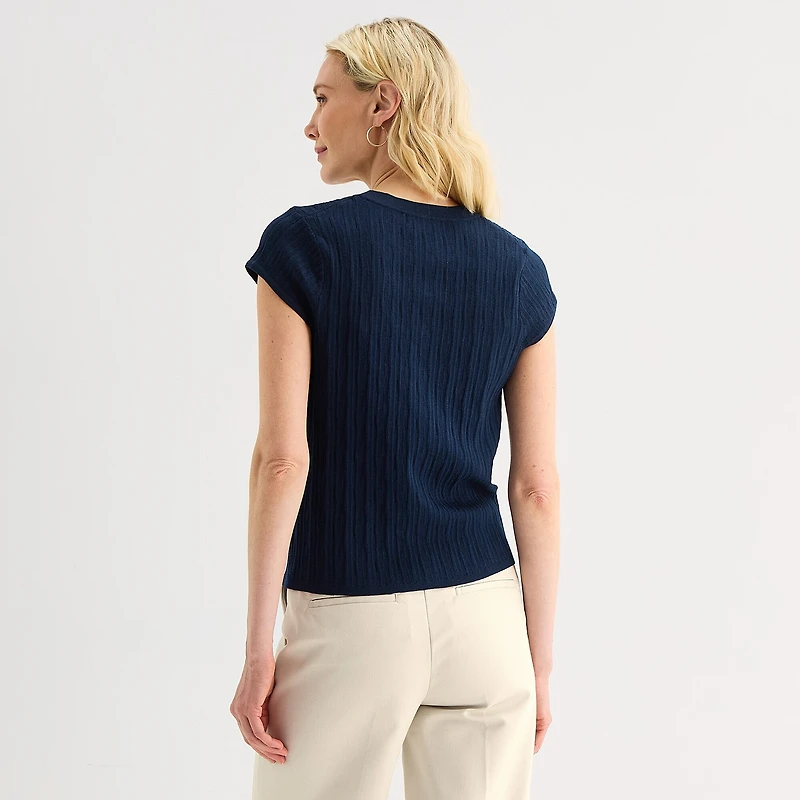 Liz Claiborne Womens Crew Neck Short Sleeve Button Cardigan