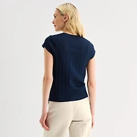 Liz Claiborne Womens Crew Neck Short Sleeve Button Cardigan