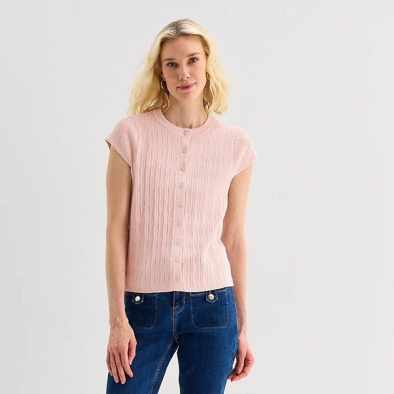Liz Claiborne Womens Crew Neck Short Sleeve Button Cardigan