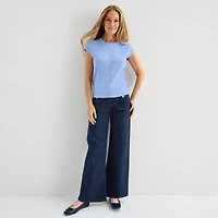 Liz Claiborne Womens Crew Neck Short Sleeve Button Cardigan