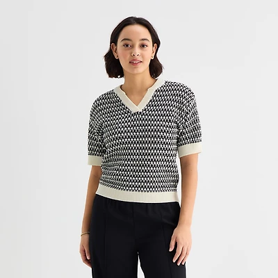 Stylus Womens V Neck Elbow Sleeve Pullover Sweater
