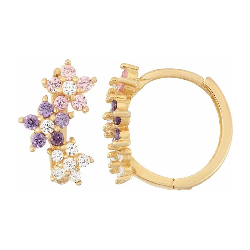 Girls Multi Color Cubic Zirconia 14K Gold Over Silver 12.8mm Flower Hoop Earrings