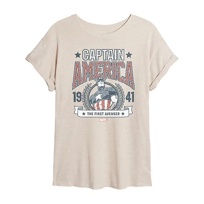 Womens Juniors Crew Neck Short Sleeve Regular Fit Captain America Marvel Graphic T-Shirt