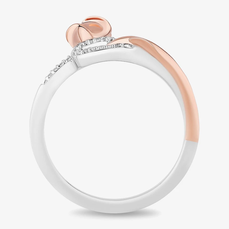 Enchanted Disney Fine Jewelry Womens 1/10 CT. T.W. Natural White Diamond 14K Rose Gold Over Silver Sterling Flower Heart Beauty and the Beast Belle Princess Cocktail Ring