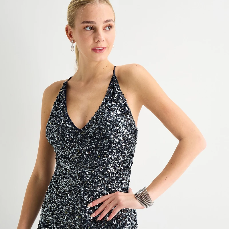 Radiante Couture Womens Juniors V Neck Short Sleeve Sequin Bodycon Dress