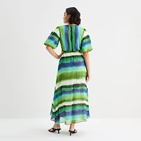 Melonie T Womens V Neck Short Sleeve Puffed Maxi Dress