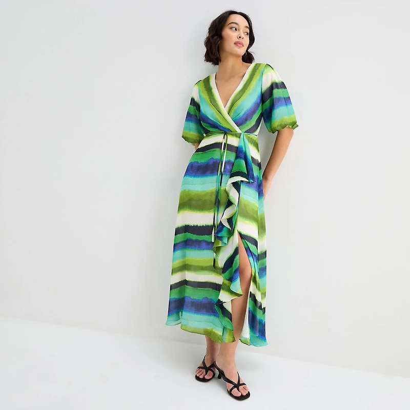 Melonie T Womens V Neck Short Sleeve Puffed Maxi Dress