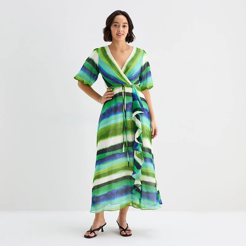 Melonie T Womens V Neck Short Sleeve Puffed Maxi Dress