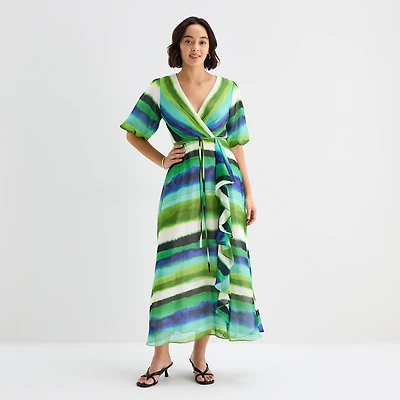 Melonie T Womens V Neck Short Sleeve Puffed Maxi Dress