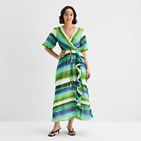 Melonie T Womens V Neck Short Sleeve Puffed Maxi Dress