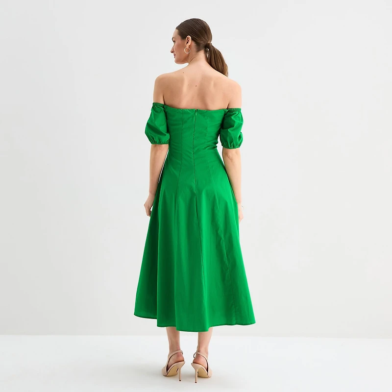 Melonie T Womens Off The Shoulder Short Sleeve Midi Fit + Flare Dress