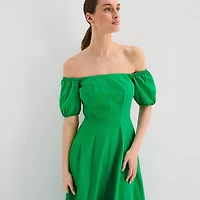 Melonie T Womens Off The Shoulder Short Sleeve Midi Fit + Flare Dress