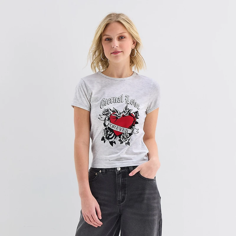 Forever 21 Womens Juniors V Neck Short Sleeve Regular Fit Graphic T-Shirt