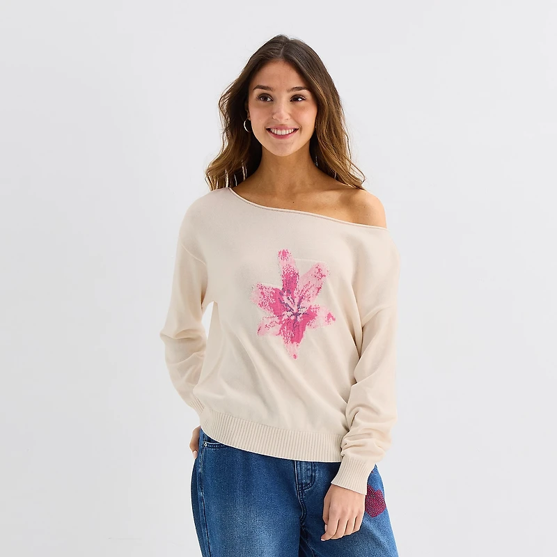 Forever 21 Juniors Womens Asymmetrical Neck Long Sleeve Pullover Sweater