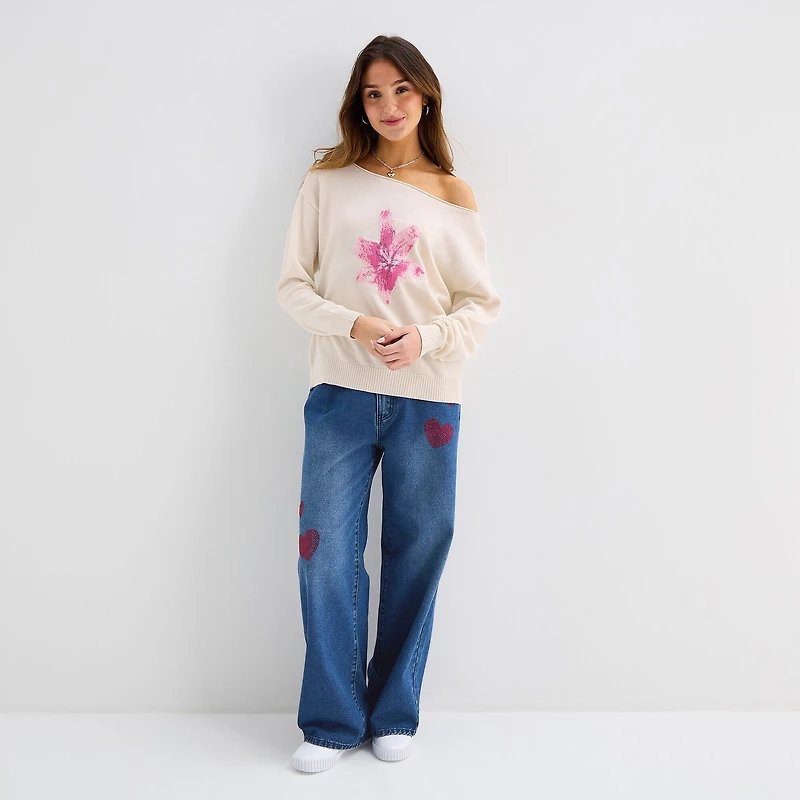 Forever 21 Juniors Womens Asymmetrical Neck Long Sleeve Pullover Sweater