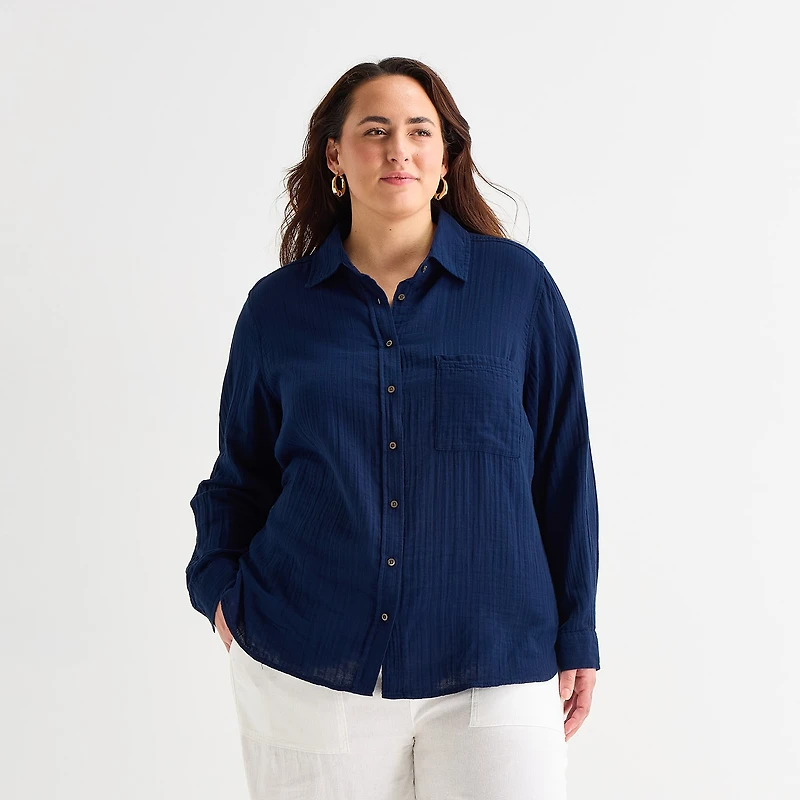 St. John's Bay Womens Plus Long Sleeve Relaxed Fit Button-Down Shirt
