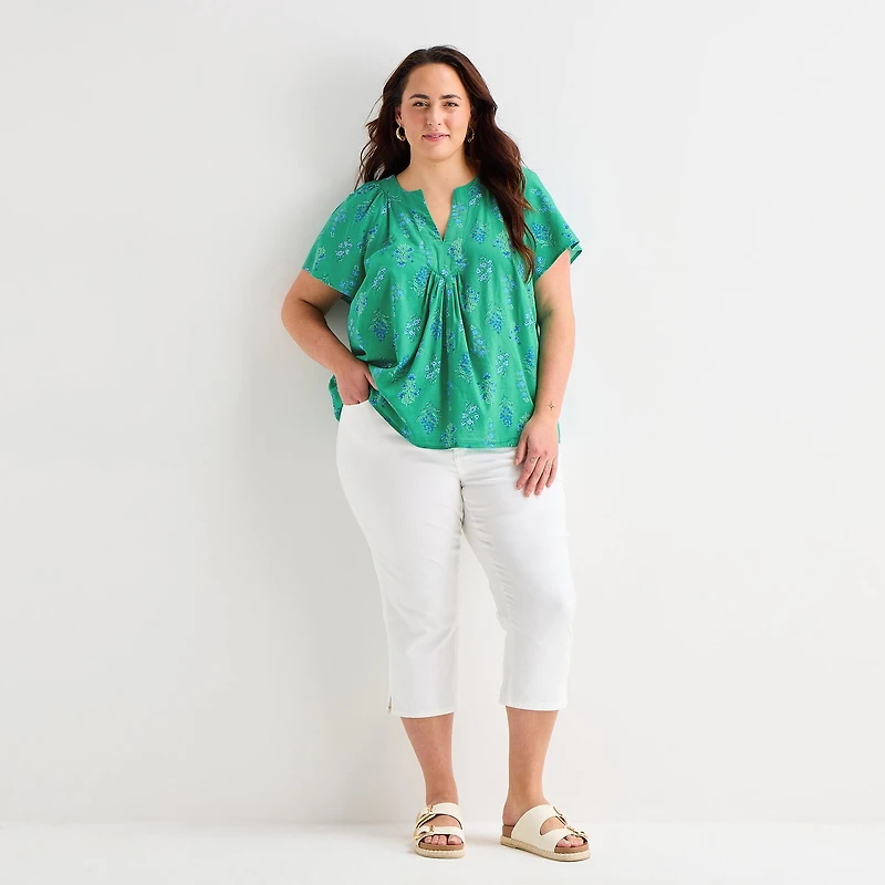 St. John's Bay Womens Plus V Neck Short Sleeve Blouse