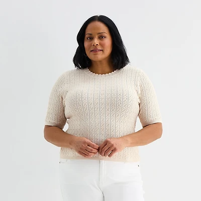 Liz Claiborne Plus Womens Scallop Neck Short Sleeve Pullover Sweater