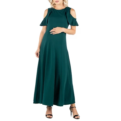 24seven Comfort Apparel Womens Maternity Crew Neck Short Sleeve Cold Shoulder Maxi Dress