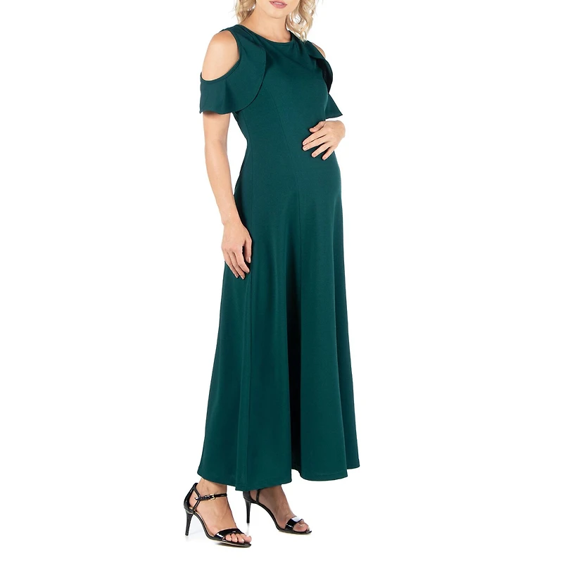24seven Comfort Apparel Womens Maternity Crew Neck Short Sleeve Cold Shoulder Maxi Dress