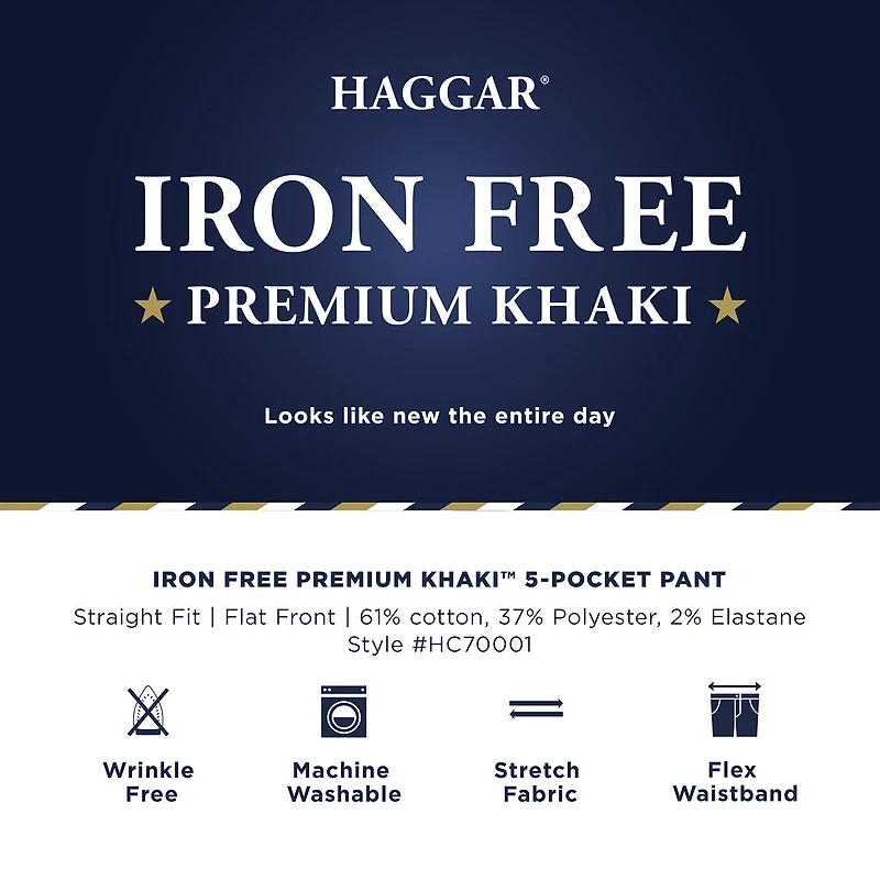 Haggar Iron Free Premium Khaki 5 Pocket Mens Comfort Waistband Straight Fit Flat Front Pant