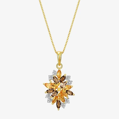 Womens Genuine Yellow Citrine 18K Gold Over Silver Flower 18 Inch Pendant Necklace