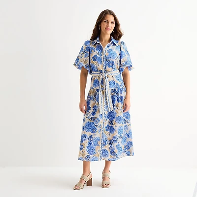 Melonie T Womens Belted Short Sleeve Midi Floral Shirt Dress