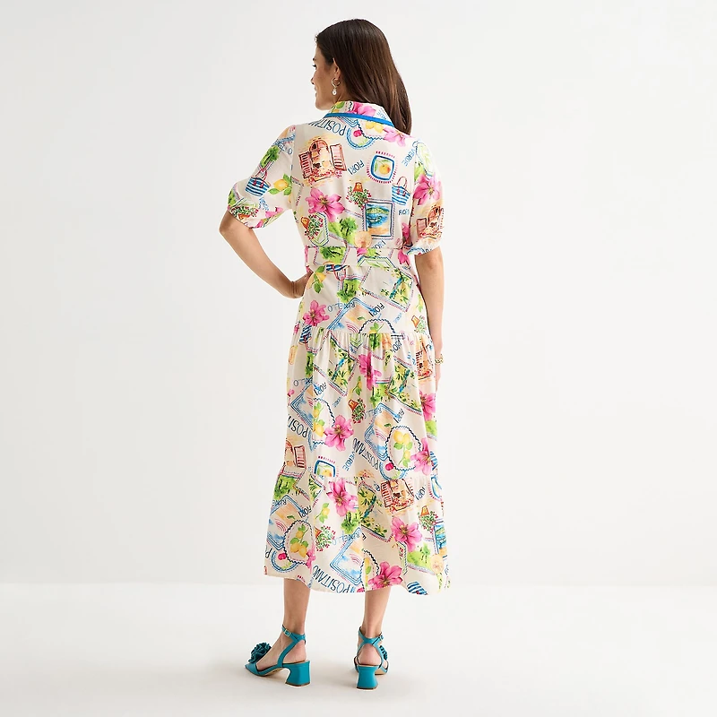 Melonie T Womens Belted Short Sleeve Midi Floral Shirt Dress