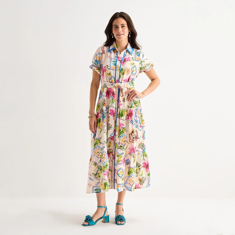 Melonie T Womens Belted Short Sleeve Midi Floral Shirt Dress