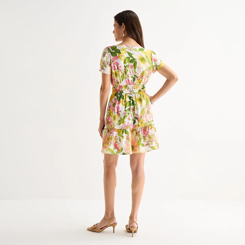 Be by CHETTA B Womens Split Crew Neck Short Sleeve Fitted Floral Fit + Flare Dress