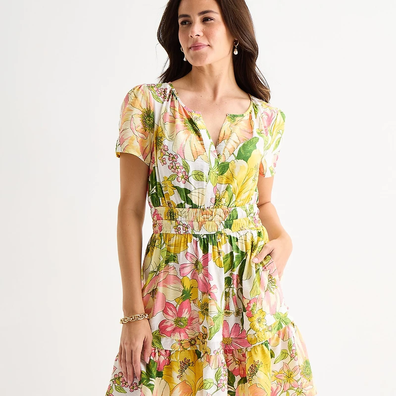Be by CHETTA B Womens Split Crew Neck Short Sleeve Fitted Floral Fit + Flare Dress
